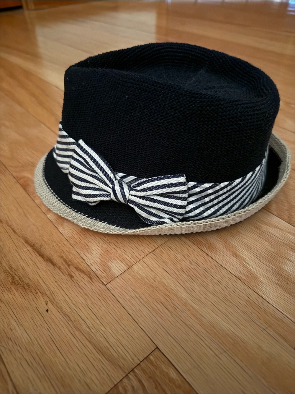 J. Crew Black Straw Fedora with Cream Trim and Striped Bow